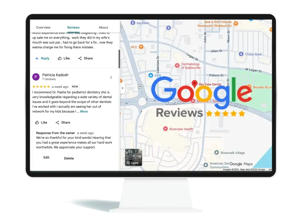 Skyview Dental Google reviews shown on a tablet