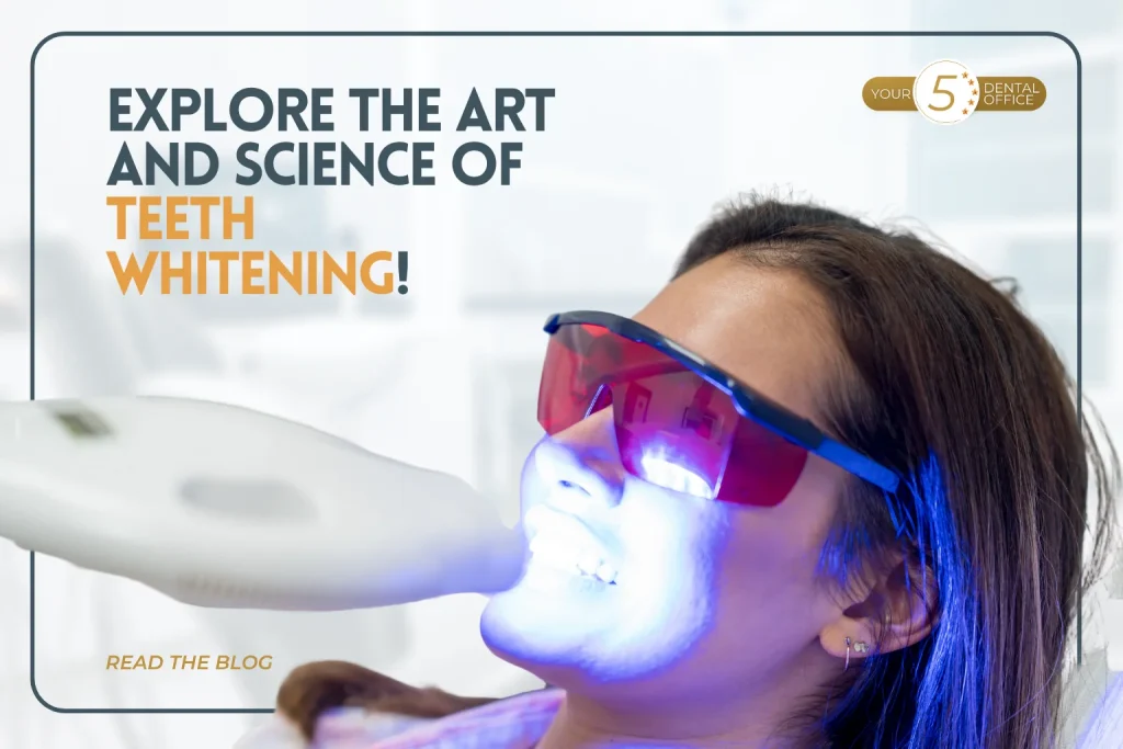 Person receiving teeth whitening treatment with blue light and protective eyewear, illustrating cosmetic dental services