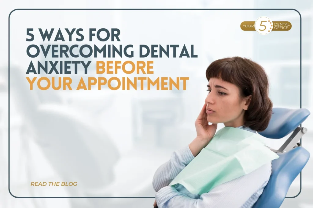 Woman experiencing dental anxiety in dental chair, overcoming anxiety before appointment.