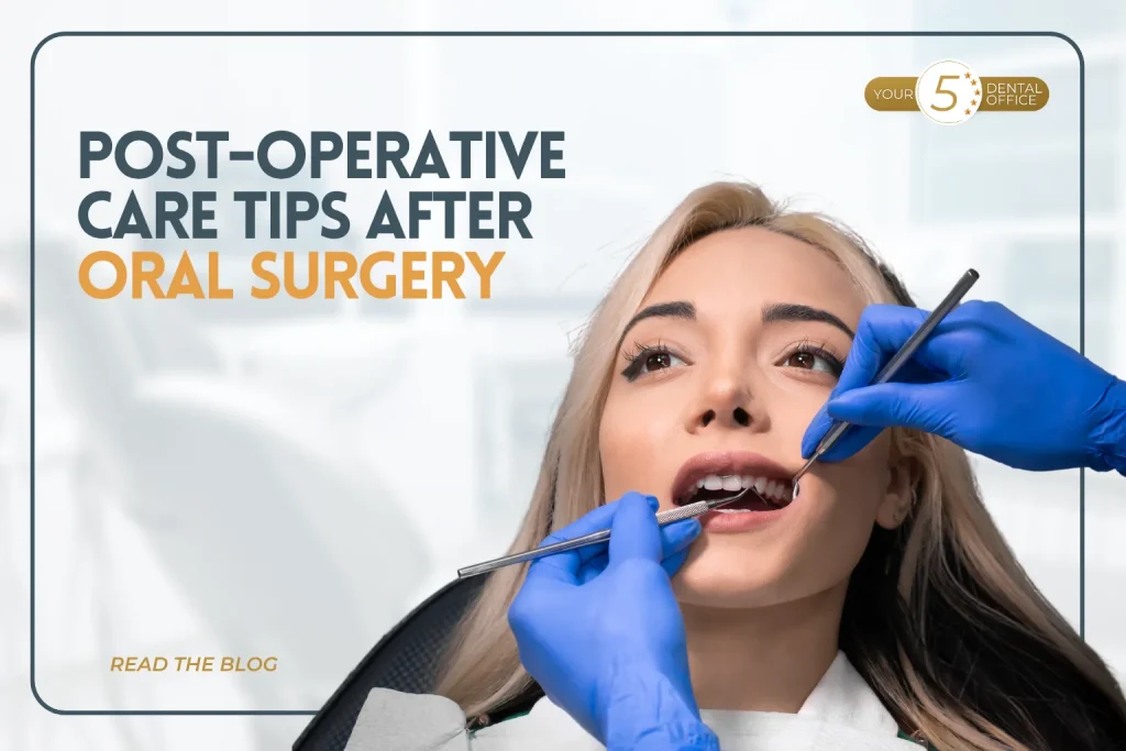 Post-operative oral surgery care tips illustration with dental tools and a patient's mouth.