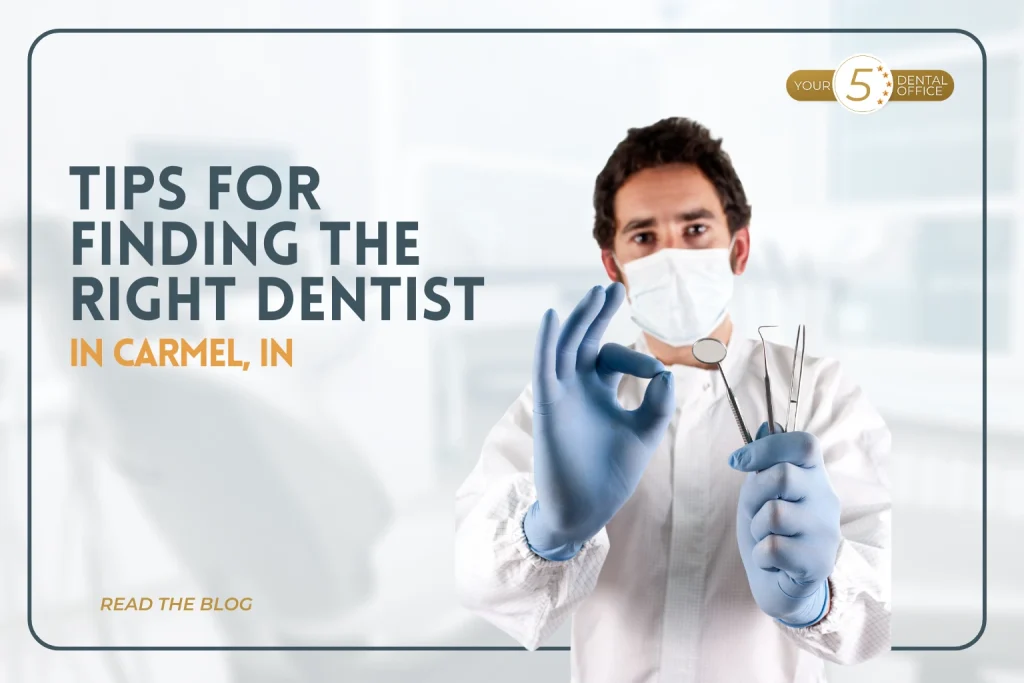 Dentist in Carmel, IN, wearing mask and gloves, holding dental tools, advising on finding the