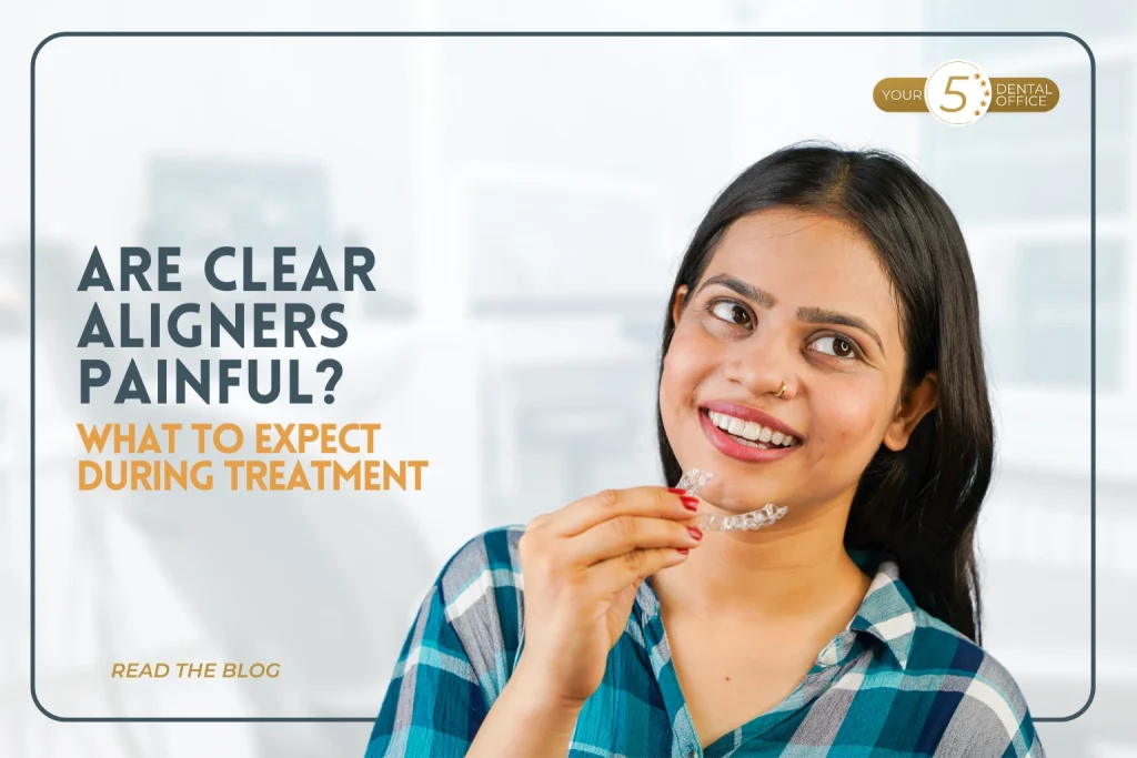 Woman smiling and holding clear aligner, illustrating clear aligner treatment at Skyview Dental in Noblesville.