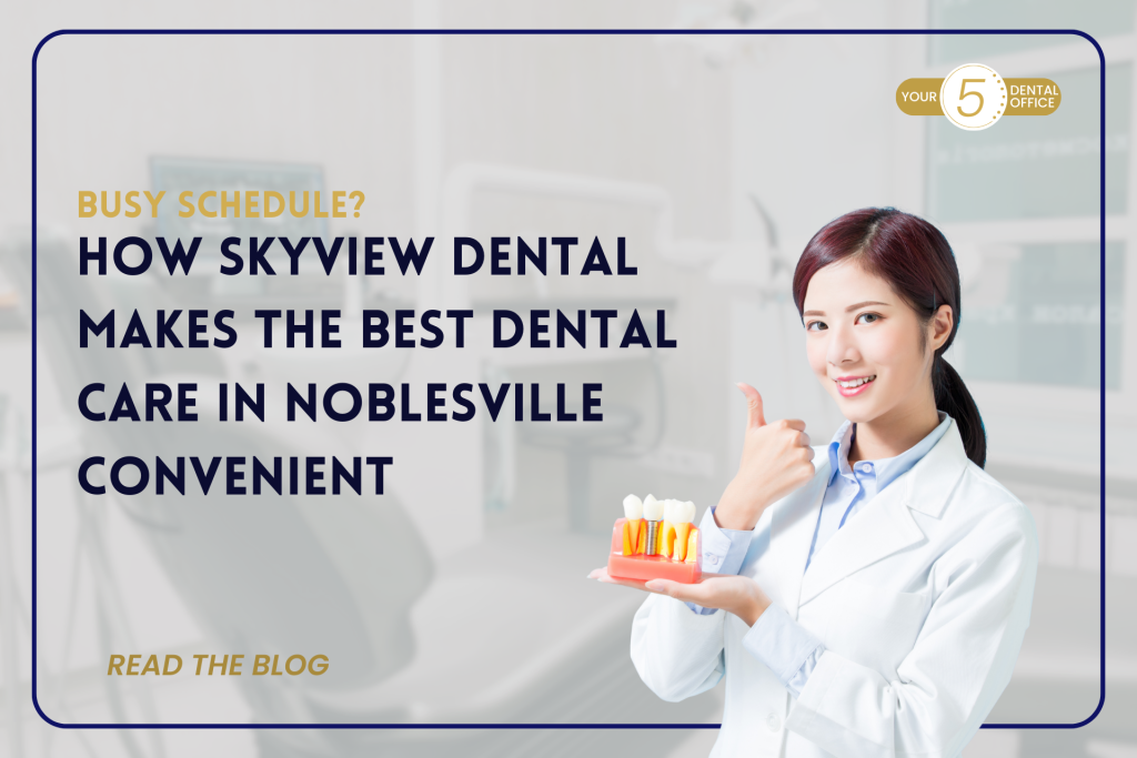 Skyview Dental office with smiling dental professional and tooth model, convenient dental care in Noblesville.